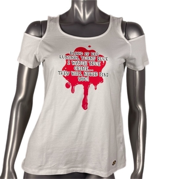 Michael Kors Tops - Michael Kors | White Cold Shoulder T Shirt Graphic Print Blood Poem